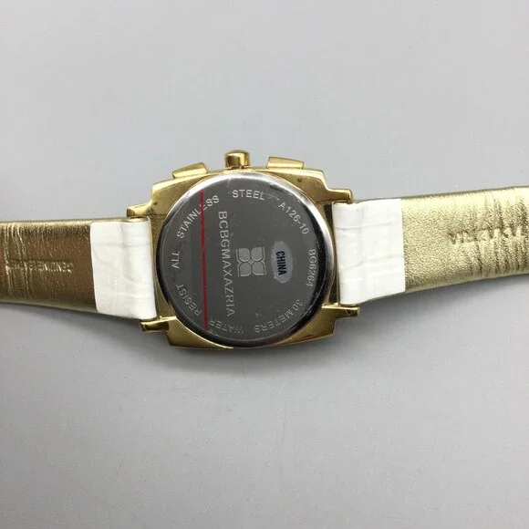 BCBGMAXAZRIA Watch Womens 29mm Gold Square MOP Chronograph Leather New Battery - Picture 9 of 14